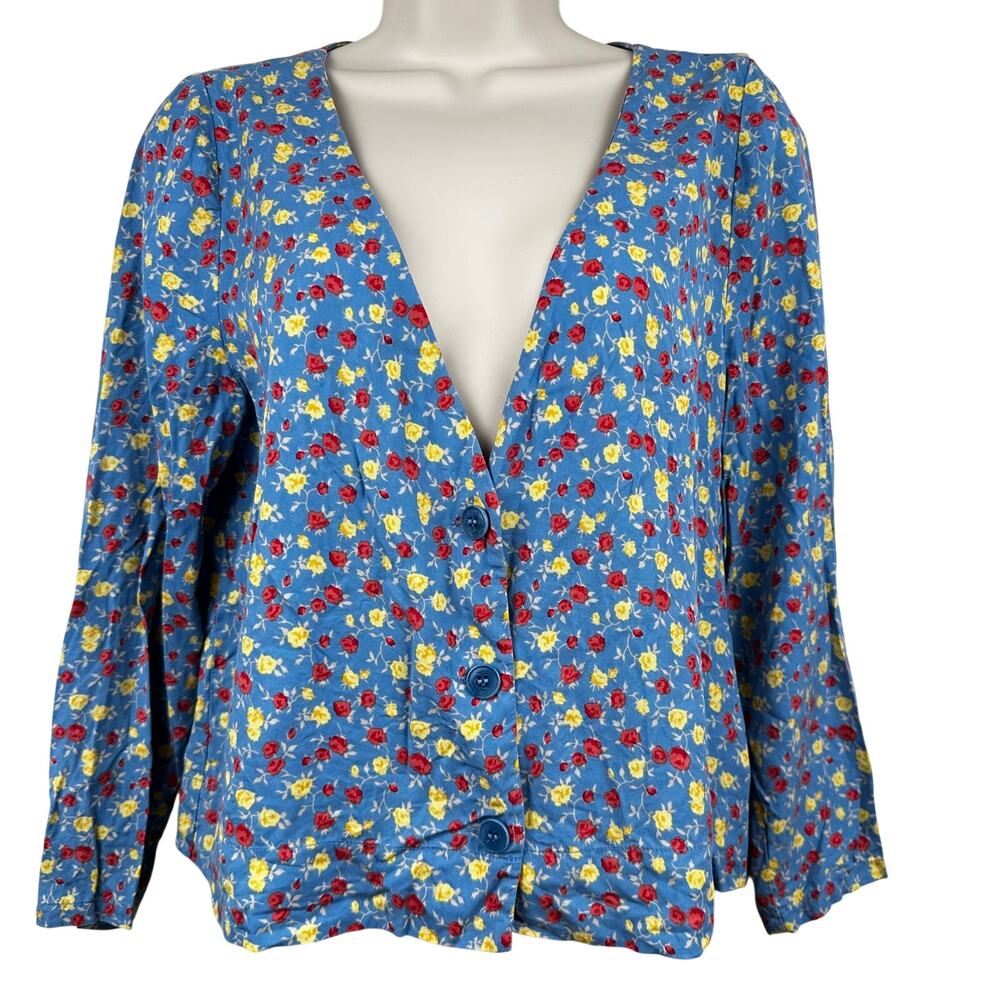 Reformation Blouse Top Garden Floral V-Neck Button Front Blue Lg Cottage Core